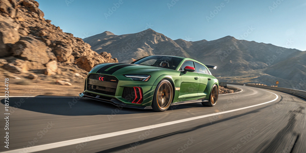 Naklejka premium green sports car on mountain road with bronze wheels