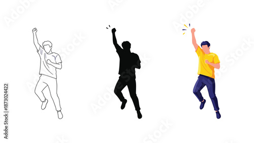 Man celebrating success with one arm raised in air, shown in three styles line art, silhouette and full color illustration