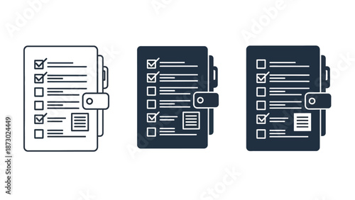 Set of three planner or todo list icons with checkboxes, one outline, two filled, representing task management and organization concepts