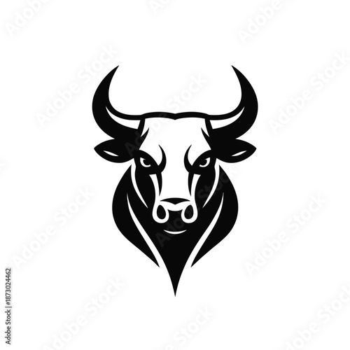A striking black and white illustration of a bull s head facing forward