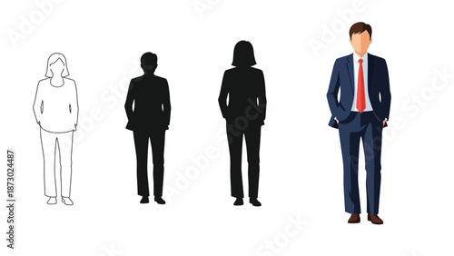 Four representations of business people sketch, silhouette of a man, silhouette of a woman, and a fullcolor illustration of a man in a suit