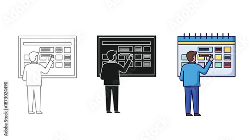 Businessman or manager pointing at calendar schedule whiteboard or screen, planning tasks and appointments in different styles outline, solid and color illustration