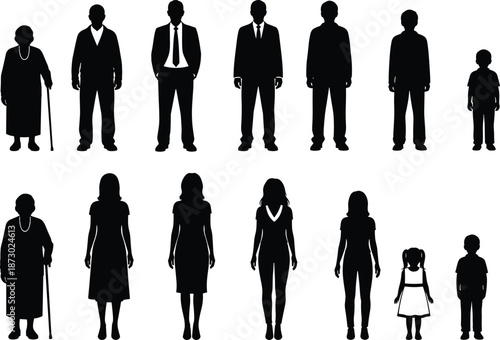 male and female human silhouettes set, people age stages collection, family generation concept, standing men women children illustration