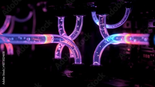 Close-up of Liquid Cooling Tubes with Bubbles and Neon Lights in a High-Performance Computer System, Tech Hardware and Overclocking Concept 4k Motion Video loop Animation