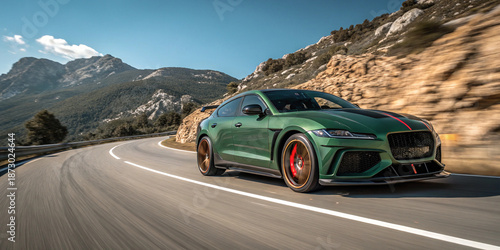green sports car on mountain road with bronze wheels and racing stripe