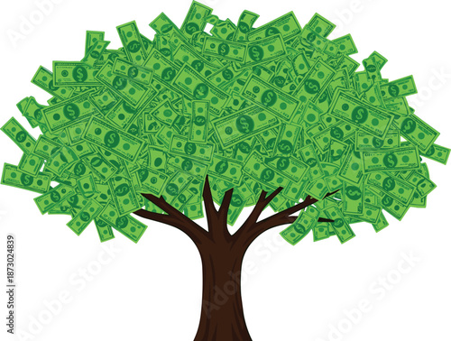 Money Tree Illustration With Green Dollar Banknotes Growing on Branches and Brown Trunk Isolated on White Background for Finance Design,