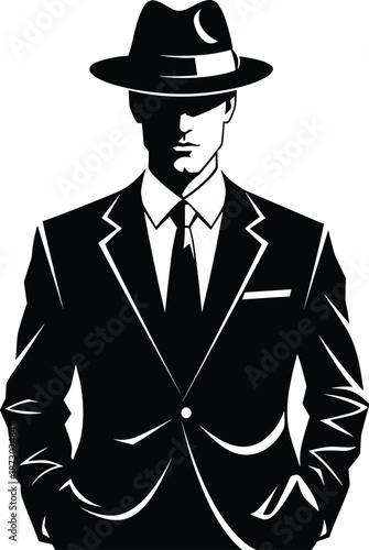 Mysterious man silhouette illustration, vintage gangster style portrait, noir detective character, classic suit and hat, isolated vector art