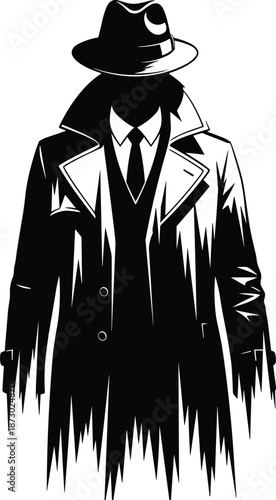 Mysterious noir detective silhouette, trench coat and fedora hat, shadow man illustration, crime thriller concept, vintage style, isolated vector