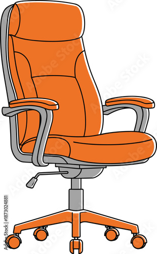 Orange office chair illustration, ergonomic swivel chair design, modern workspace furniture, isolated white background, adjustable rolling seat