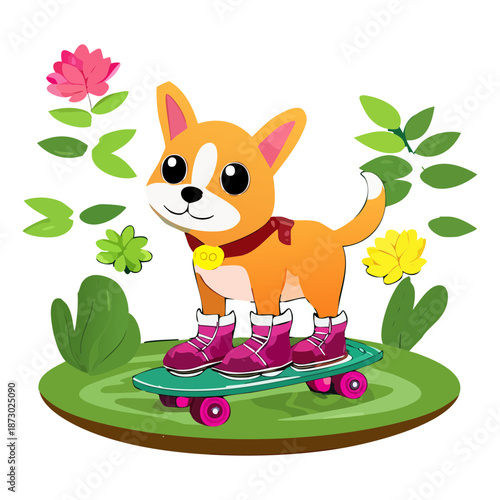 adorable shiba inu character wearing a red collar and pink roller skates among pink garden flowers