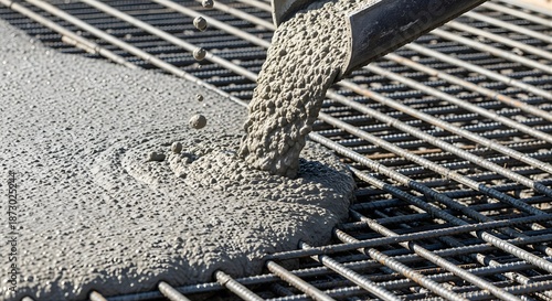 Wet concrete being poured from chute onto steel rebar mesh at construction site for foundation slab building process showing liquid cement texture and industrial reinforcement grid development work