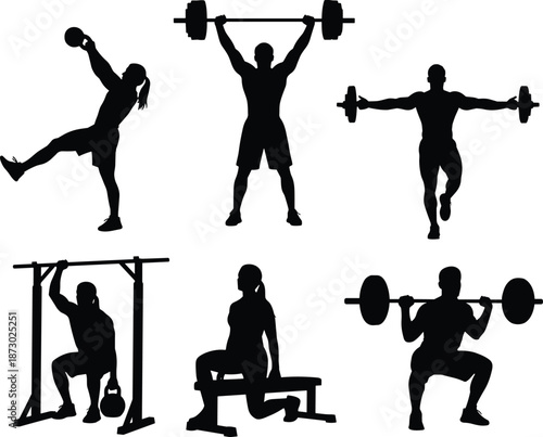 Set of Fitness Silhouettes Including Weightlifting With Barbells Kettlebell Exercises Pull Ups and Bench Lunges Isolated on White Background for Design,