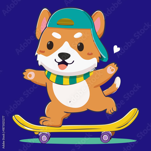 cute orange dog character wearing a green cap and striped scarf riding a yellow skateboard happily