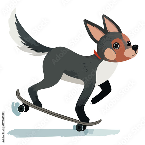 active grey and white dog character riding a skateboard with a determined and fast motion expression