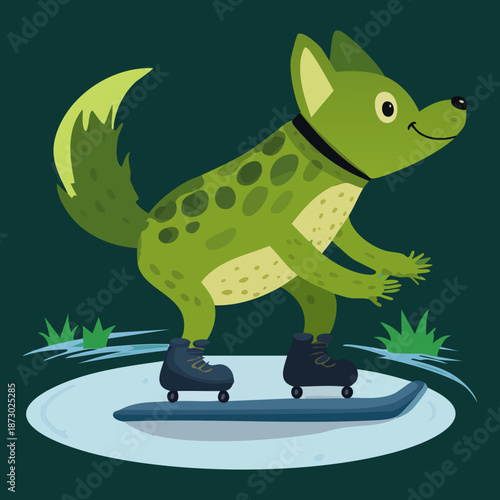 energetic green dog character with spots wearing a black collar performing ice skating moves skillfully