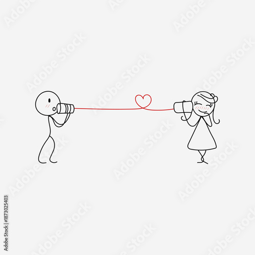 Line art illustration of two stick figures using a string phone connected by a heart symbol. Concept of communication, connection and relationship. Black outline drawing isolated on transparent backgr