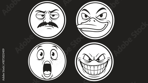 Black and white cartoon face emoji set featuring angry duck grumpy mustache man shocked expression and evil smiling character vectors