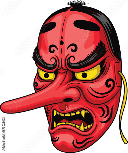 Traditional Japanese Tengu mask vector illustration with long nose red face and angry expression for cultural theater and mythology concept
