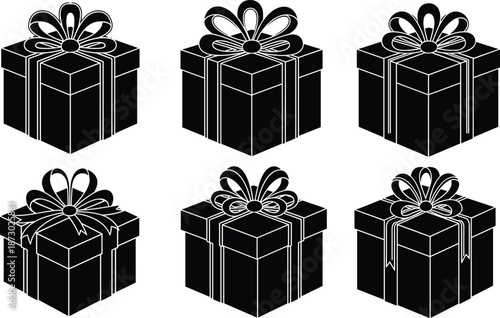 Black gift box silhouettes set, present packaging icons collection, ribbon bow wrapping design, holiday celebration vector illustration