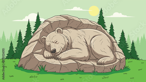 Brown Bear Sleeping Peacefully Inside Rock Cave Den In Forest Meadow With Pine Trees And Sun Illustration Isolated On White,