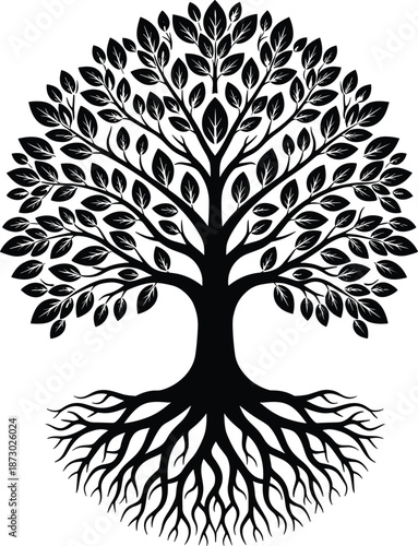 Tree of life silhouette with roots and leaves, nature growth symbol, family ancestry concept, eco balance illustration, isolated black symbol, family 