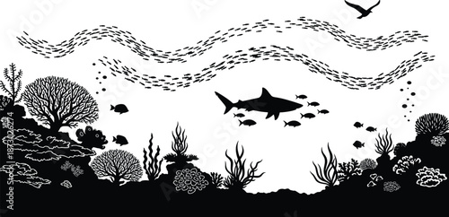 Underwater ocean silhouette illustration, coral reef ecosystem scene, shark fish school concept, marine life biodiversity, black white vector art, design