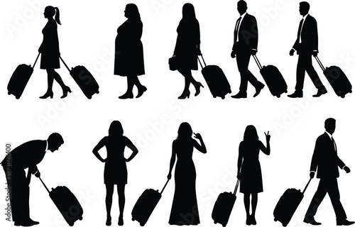 Business travelers silhouette collection, men women with luggage walking standing poses, airport travel concept, black figures isolated white background