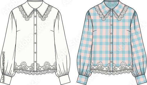 Women lace collar blouse illustration, vintage shirt design, fashion technical drawing, long sleeve top, flat apparel sketch, textile pattern