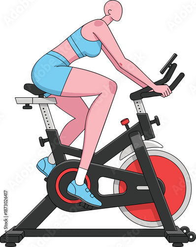 Woman on stationary exercise bike vector illustration for indoor cycling workout gym fitness training and healthy lifestyle concept on white background