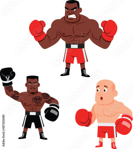 Cartoon boxer character set with muscular fighters wearing red and black gloves, strong athletic men in boxing poses, vector illustration