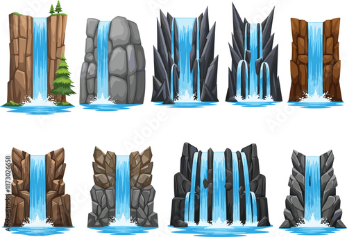 Cartoon waterfall set, fantasy nature cascades, rocky cliffs, flowing water, game assets, isolated vector illustration collection, design, elements, icons, pack