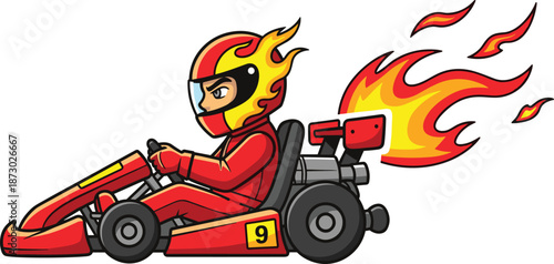 Cartoon go kart racing driver with fire flames, red speed car vector illustration, fast motor sport athlete, isolated on white