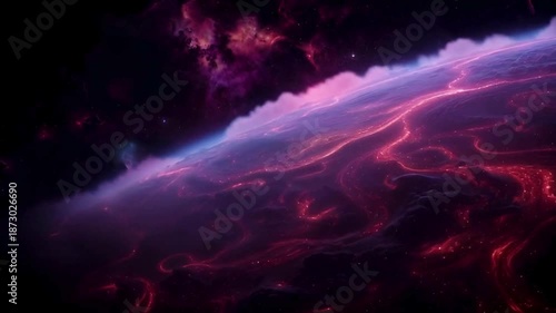 Cinematic View of a Volcanic Exoplanet with Glowing Lava Rivers and Dark Clouds in Deep Space, Fantasy Cosmic Landscape for Science Fiction Background 4k Motion Video loop Animation