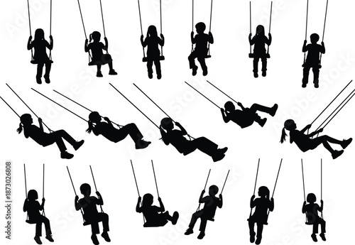 Children swing silhouettes, kids playground activity, joyful motion poses, childhood fun, black figures, isolated vector illustration set, design, collection, bundle