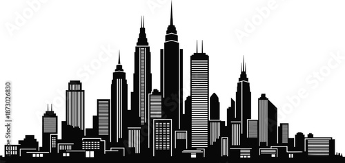 city, skyline, silhouette, urban, skyscrapers, downtown, architecture, buildings, metropolis, cityscape, modern, business, financial, district, tower, horizon, black, white, illustration, vector