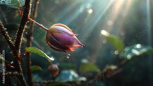 purple flower bud with dew drops in forest
