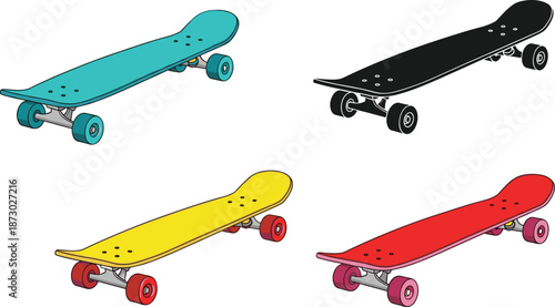 Colorful skateboard set, modern deck designs, street sport equipment, youth culture, wheels trucks, isolated vector illustration collection, graphic art style