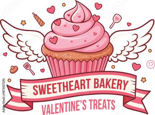 Valentine cupcake with wings, sweetheart bakery treats, heart frosting design, baking love theme, festive dessert icon, flat vector illustration