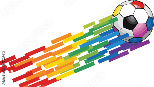 Colorful soccer ball vector illustration with rainbow motion trail and multi colored panels isolated on white background for diversity 