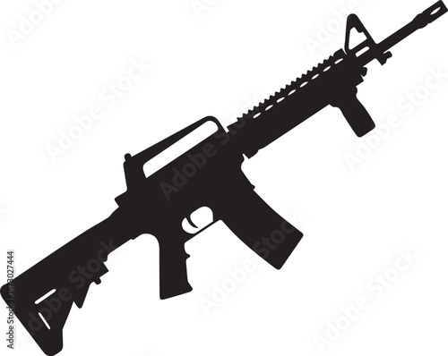 Isolated vector illustration of a black automatic assault rifle like an M16 or AR15 carbine for military and army weapon shooting