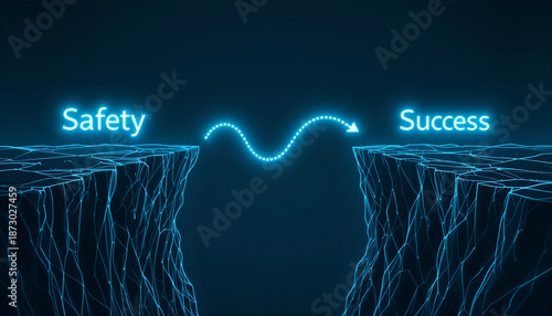 Overcoming risk to reach success concept with neon arrow jumping across chasm for motivational business coaching website banner