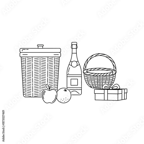 Gift Basket, Wine Bottle, Fruits, and Present - Line Art