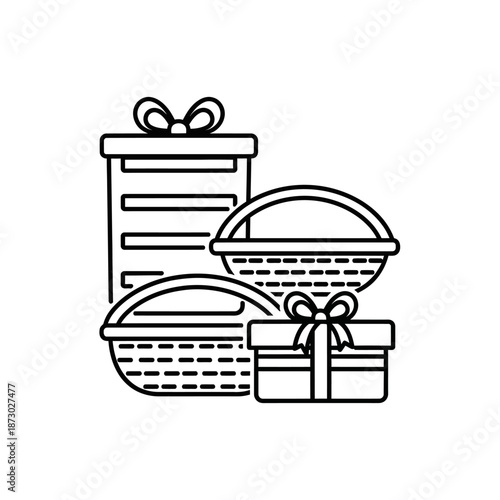 Gift Baskets and Boxes Line Art Icon Set