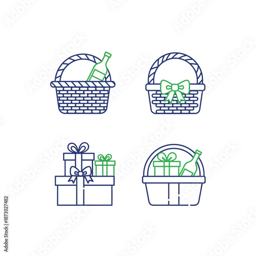 Gift Baskets and Boxes Icon Set - Line Art Vector Illustration