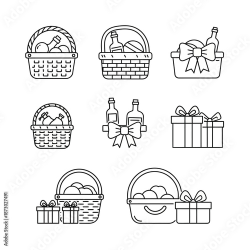 Gift Baskets and Boxes Vector Icons Line Art Set