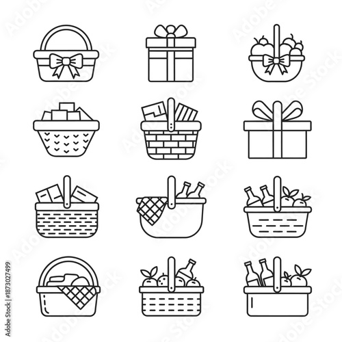 Gift Baskets and Picnic Baskets Thin Line Icons Set