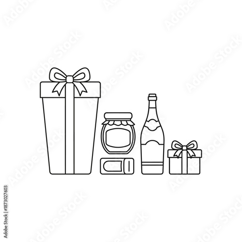 Gift Box, Jam Jar, Wine Bottle, Cigar Line Art Icons