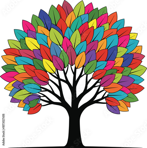 Colorful tree vector illustration with vibrant multi colored leaves and black trunk isolated on white background for creative diversity concept