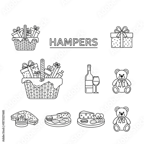 Gift Hamper Icons: Presents, Teddy Bears, Wine, Cheese, and Food Baskets