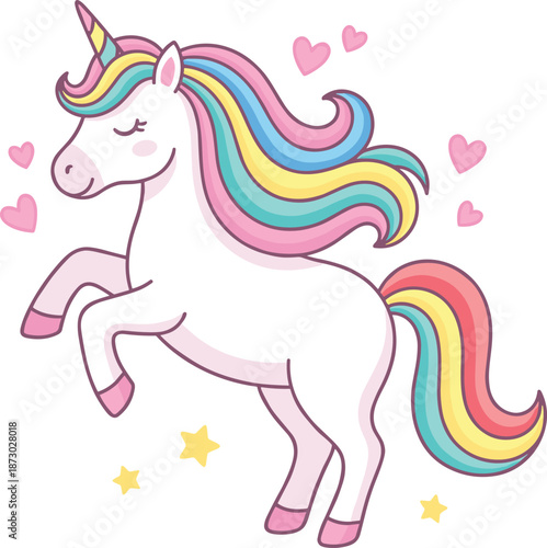 Cute rainbow unicorn illustration, magical fantasy cartoon character, pastel colors, kawaii style, kids nursery art, whimsical fairytale design, adorable animal